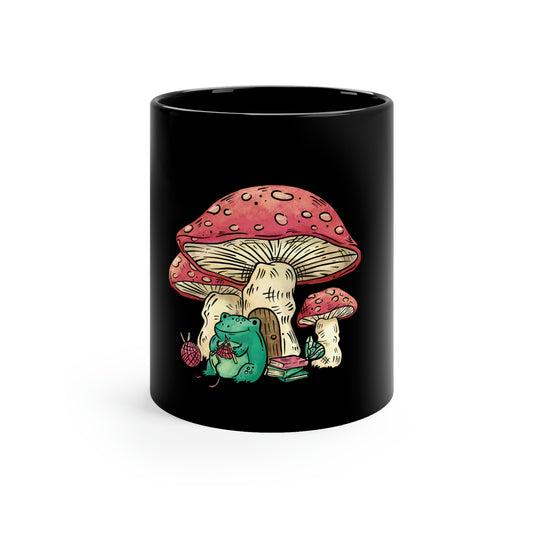 Cottagecore Aesthetic Mushrooms and Frog Cartoon Dark Mug